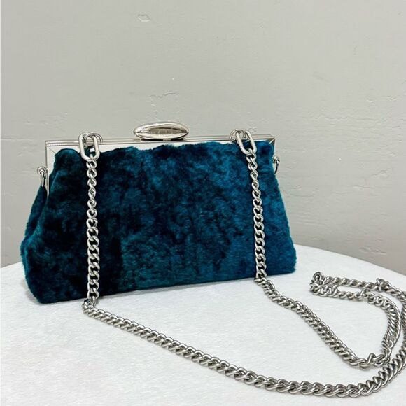 Peacock Blue Handmade Real Shearling Push Lock Clutch/Shoulder Bag/Crossbody - Picture 2 of 16